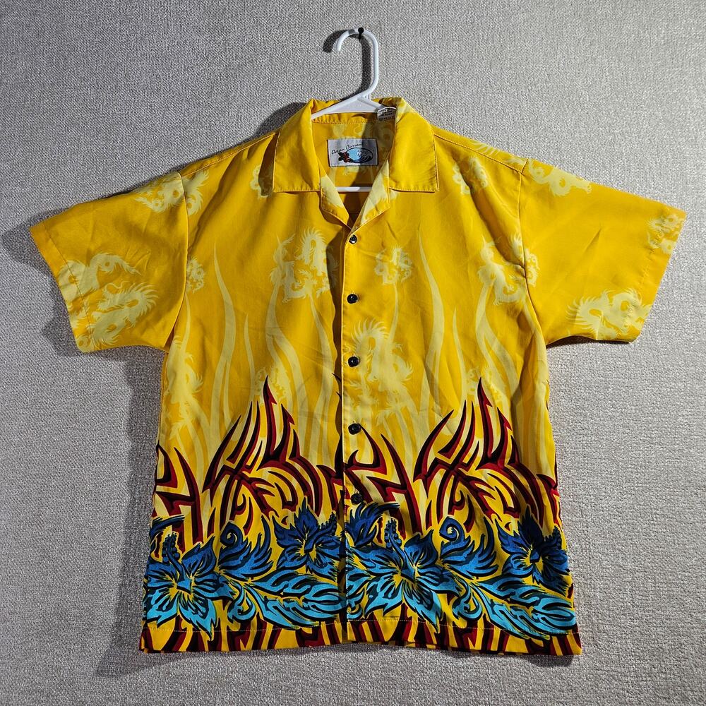 Vintage Ocean Current Tribal Flame Button Up Shirt Mens L Y2K Surf Hawaiin